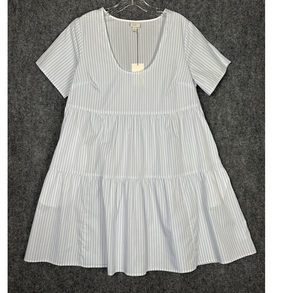 A New Day Womens Striped Tiered Babydoll Mini Dress‎ M Blue White Coastal Summer - Picture 2 of 12